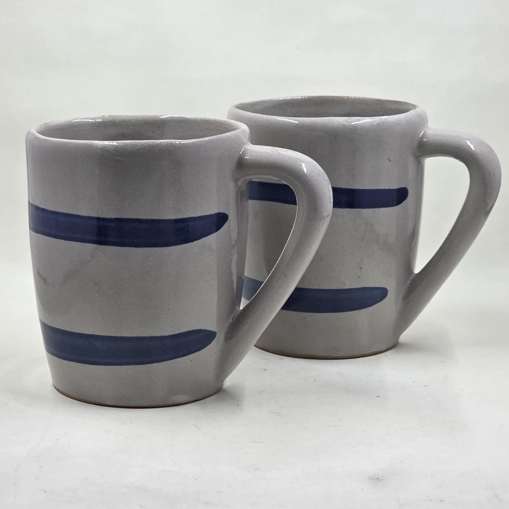 2 Vintage Salt Glaze Stoneware Mugs Gray Blue Stripes Stamped USA Art Pottery